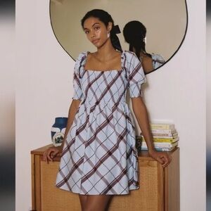 Hill House Light Blue and Brown Plaid Puff-Sleeve Mini Dress